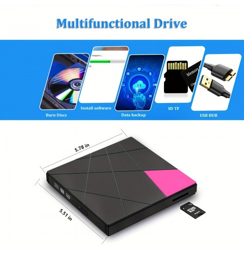 1pc External CD/DVD Drive For Laptop, 6 In1 USB 3.0 Type-C Portable CD/DVD Player Burner, CD ROM Drive Optical Drive, CD/DVD Reader, CD To USB Converter, For Desktop PC Windows Mac OS